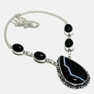New Banded Agate and Black Onyx Silver Necklace.
